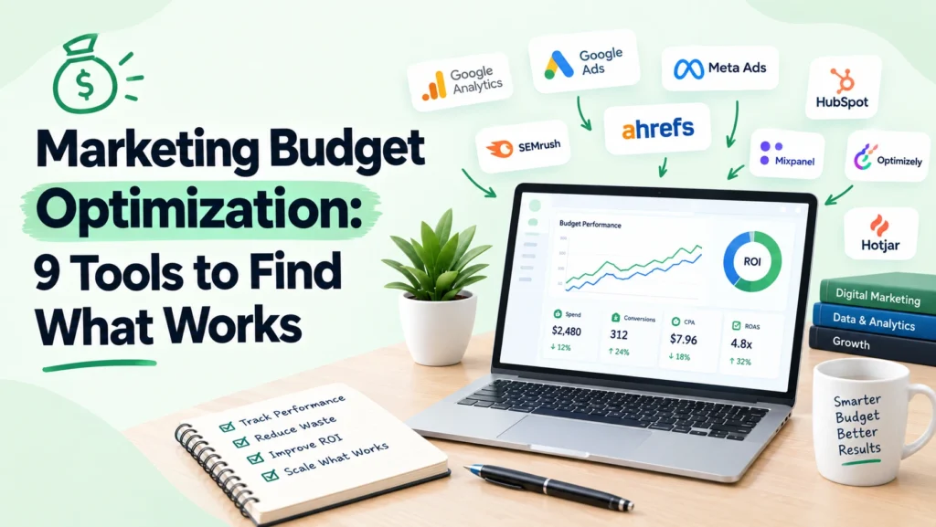 Marketing budget optimization dashboard showing digital marketing tools, ROI analytics, ad performance metrics, and budget tracking on a laptop with a green-themed workspace.