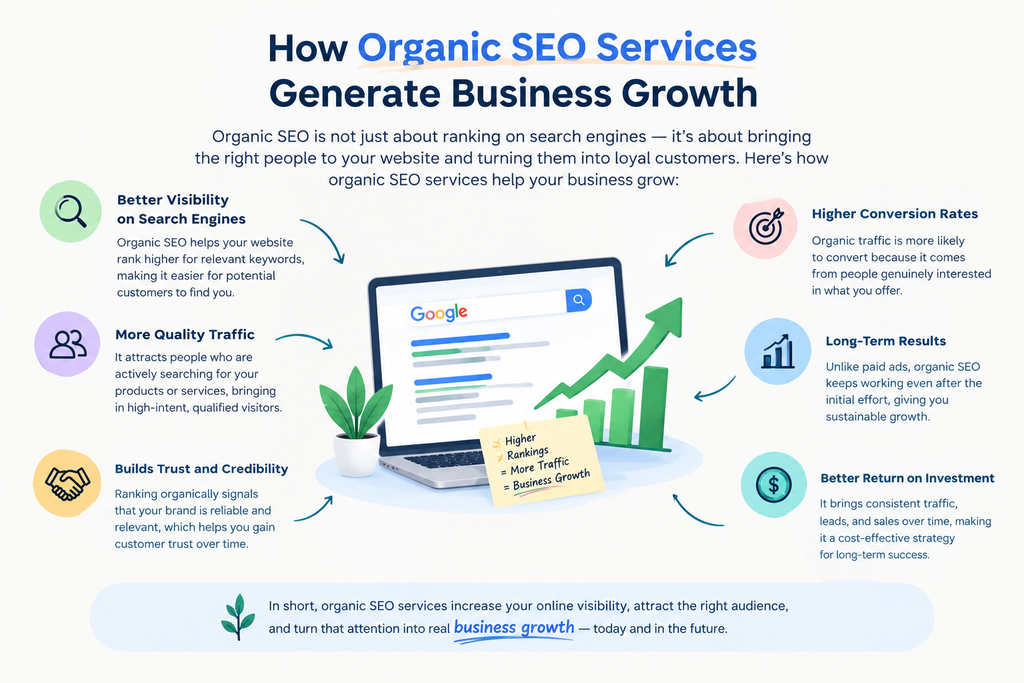 Organic search engine optimization services featuring keyword research, on-page SEO, technical SEO, link building, and content strategy.