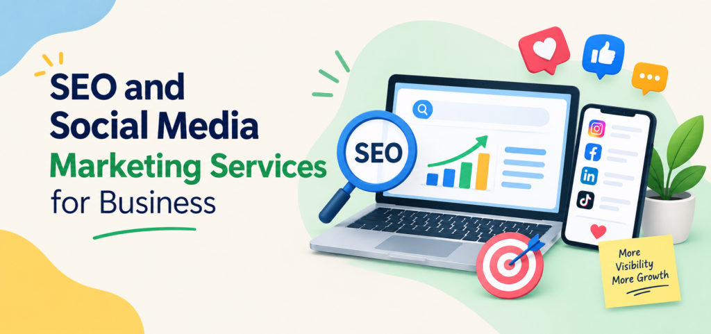 SEO and social media marketing services for business featuring search analytics, social media icons, and growth graphics.