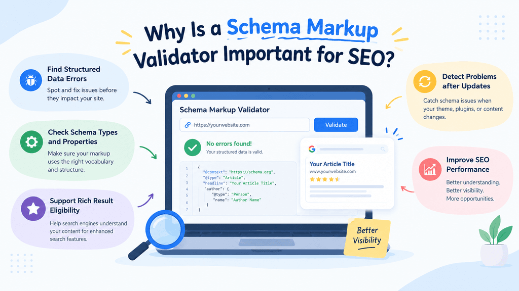 Why a schema markup validator is important for SEO, showing structured data error checking, schema validation, rich result eligibility, and improved search visibility.
