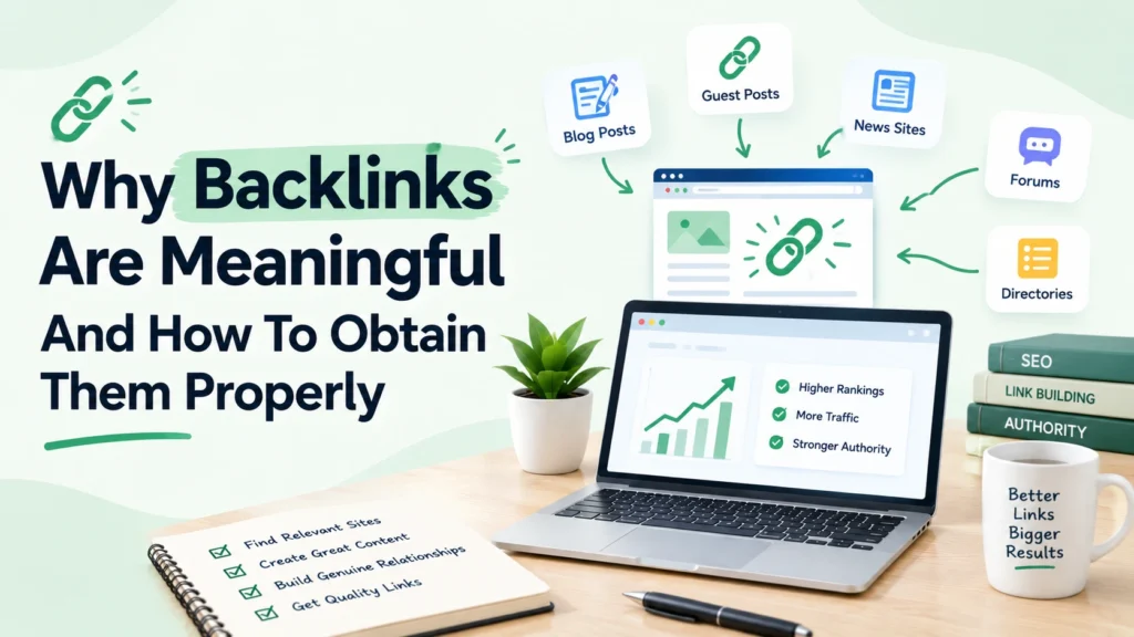Backlinks SEO illustration showing a laptop with ranking analytics, link-building sources, and tips for earning quality backlinks to improve search rankings, organic traffic, and website authority.