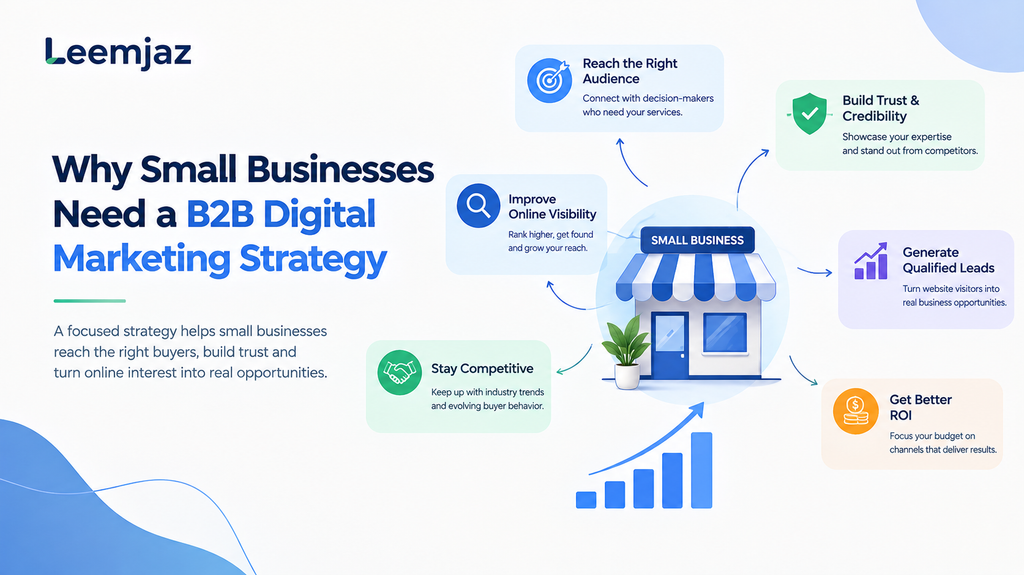 Why small businesses need a B2B digital marketing strategy, highlighting online visibility, reaching the right audience, building trust, generating qualified leads, staying competitive, and improving ROI.
