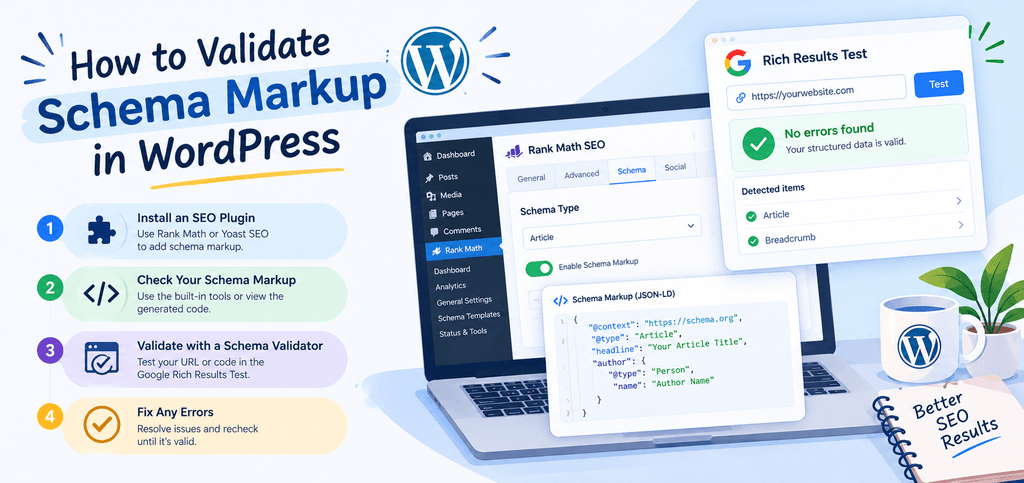 Why a schema markup validator is important for SEO, showing structured data error checking, schema validation, rich result eligibility, and improved search visibility.
