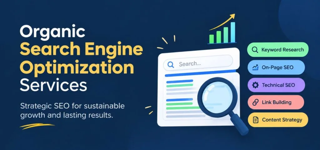 Organic search engine optimization services featuring keyword research, on-page SEO, technical SEO, link building, and content strategy.